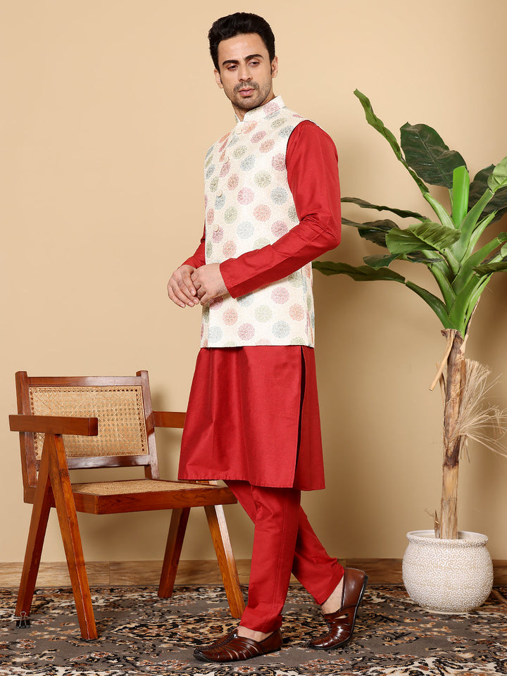 Men's Full Sleeve Red Kurta Pyjama & White Embroidered Nehru Jacket | SHOBITAM
