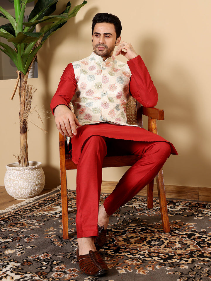 Men's Full Sleeve Red Kurta Pyjama & White Embroidered Nehru Jacket | SHOBITAM