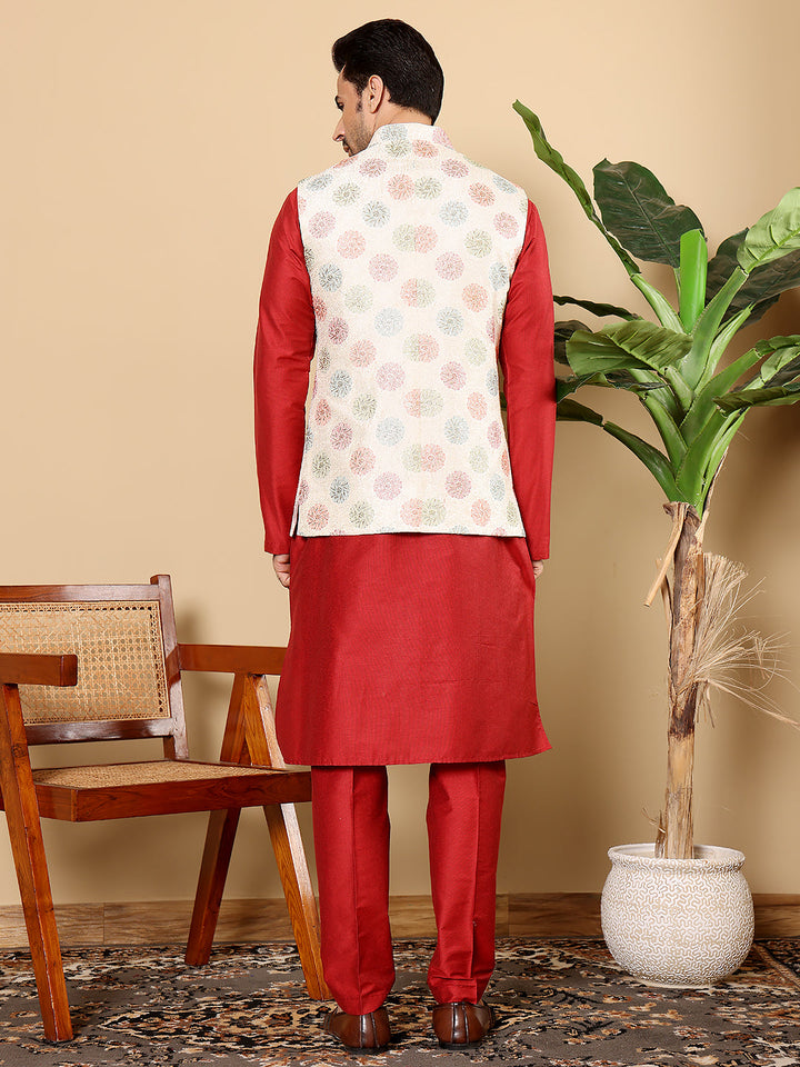 Men's Full Sleeve Red Kurta Pyjama & White Embroidered Nehru Jacket | SHOBITAM