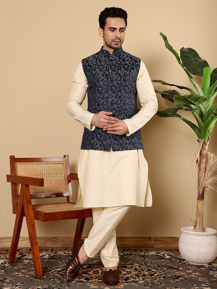 Men's Full Sleeve Cream Kurta Pyjama & Blue Embroidered Nehru Jacket | SHOBITAM