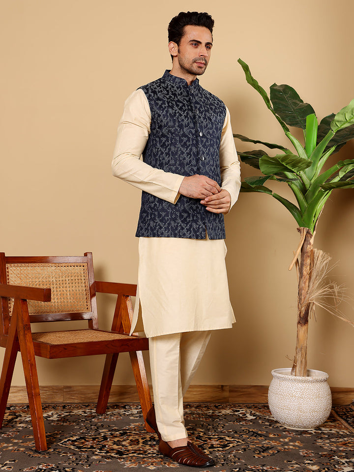 Men's Full Sleeve Cream Kurta Pyjama & Blue Embroidered Nehru Jacket | SHOBITAM