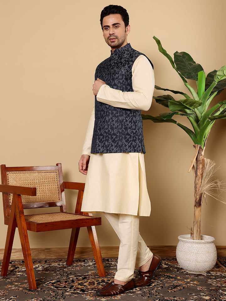 Men's Full Sleeve Cream Kurta Pyjama & Blue Embroidered Nehru Jacket | SHOBITAM