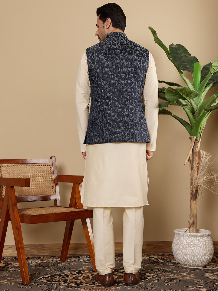 Men's Full Sleeve Cream Kurta Pyjama & Blue Embroidered Nehru Jacket | SHOBITAM