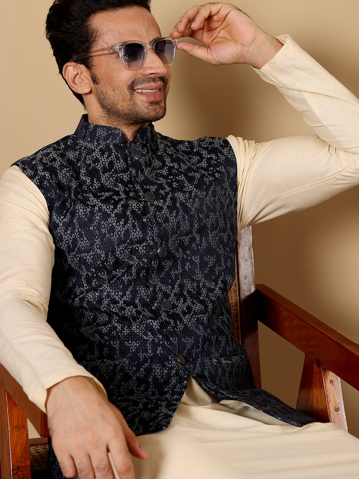 Men's Full Sleeve Cream Kurta Pyjama & Blue Embroidered Nehru Jacket | SHOBITAM