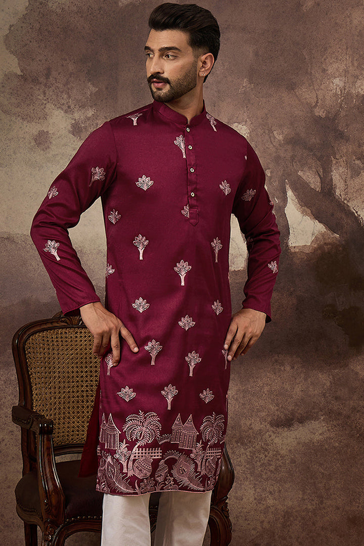 Maroon Silk Blend Solid Embroidered Straight Kurta | SHOBITAM