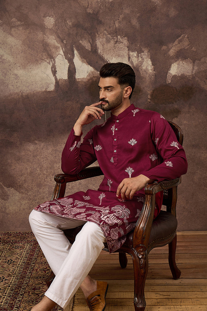 Maroon Silk Blend Solid Embroidered Straight Kurta | SHOBITAM