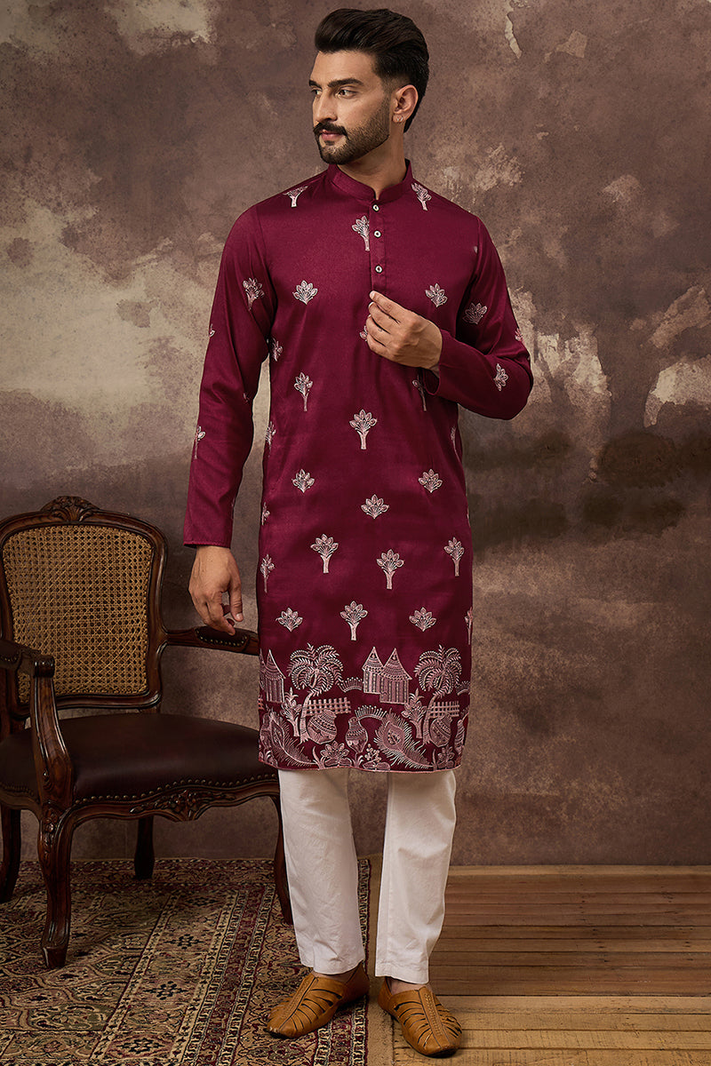 Maroon Silk Blend Solid Embroidered Straight Kurta | SHOBITAM