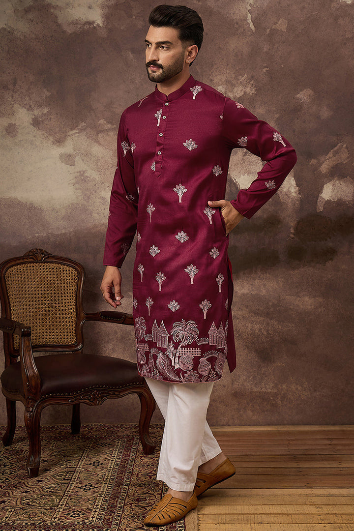 Maroon Silk Blend Solid Embroidered Straight Kurta | SHOBITAM
