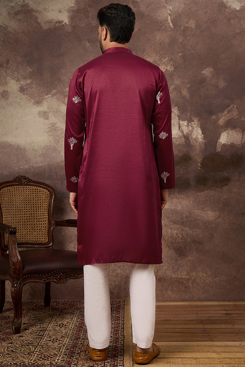 Maroon Silk Blend Solid Embroidered Straight Kurta | SHOBITAM
