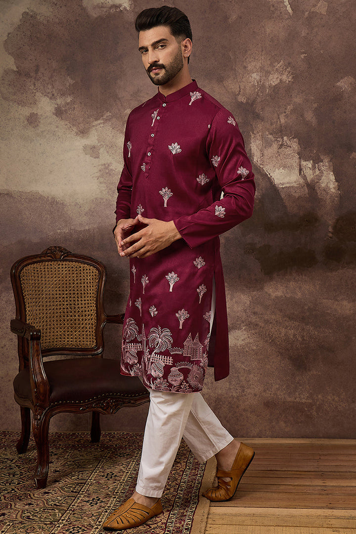 Maroon Silk Blend Solid Embroidered Straight Kurta | SHOBITAM
