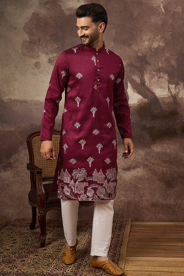Maroon Silk Blend Solid Embroidered Straight Kurta | SHOBITAM