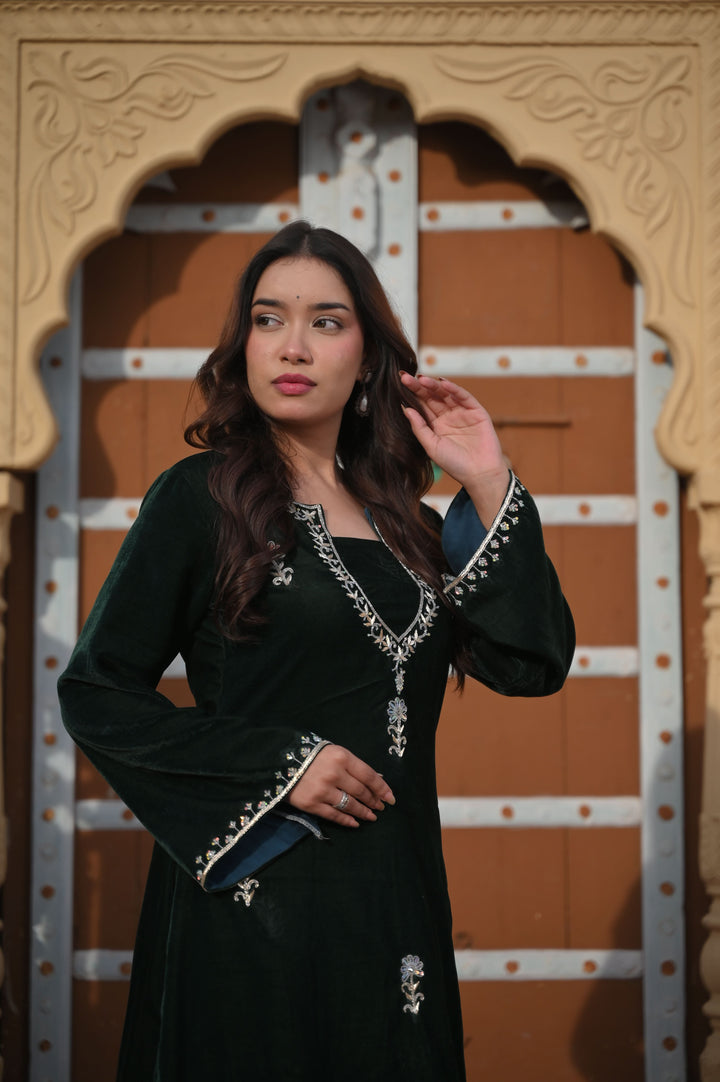 Chandramukhi Velvet Bottle Green Kurta and Organza Skirt Set 3 piece Set  | Made To Order