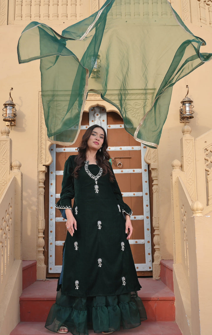 Chandramukhi Velvet Bottle Green Kurta and Organza Skirt Set 3 piece Set  | Made To Order