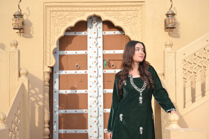 Chandramukhi Velvet Bottle Green Kurta and Organza Skirt Set 3 piece Set  | Made To Order