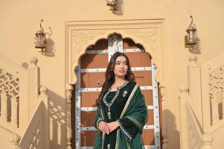Chandramukhi Velvet Bottle Green Kurta and Organza Skirt Set 3 piece Set  | Made To Order