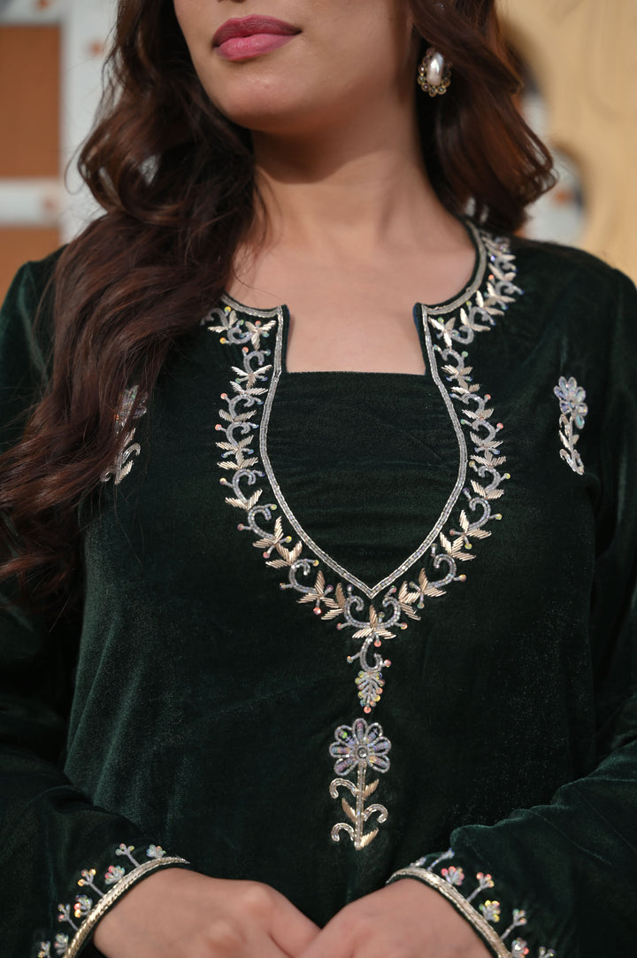 Chandramukhi Velvet Bottle Green Kurta and Organza Skirt Set 3 piece Set  | Made To Order