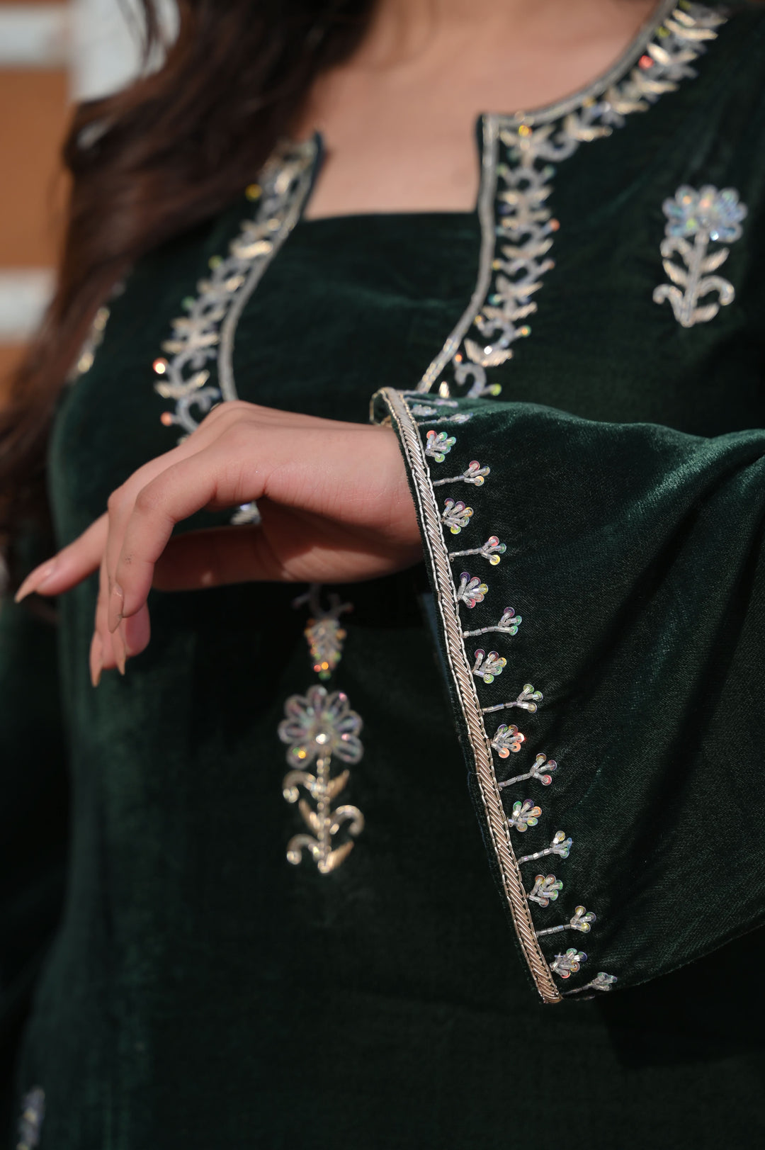 Chandramukhi Velvet Bottle Green Kurta and Organza Skirt Set 3 piece Set  | Made To Order