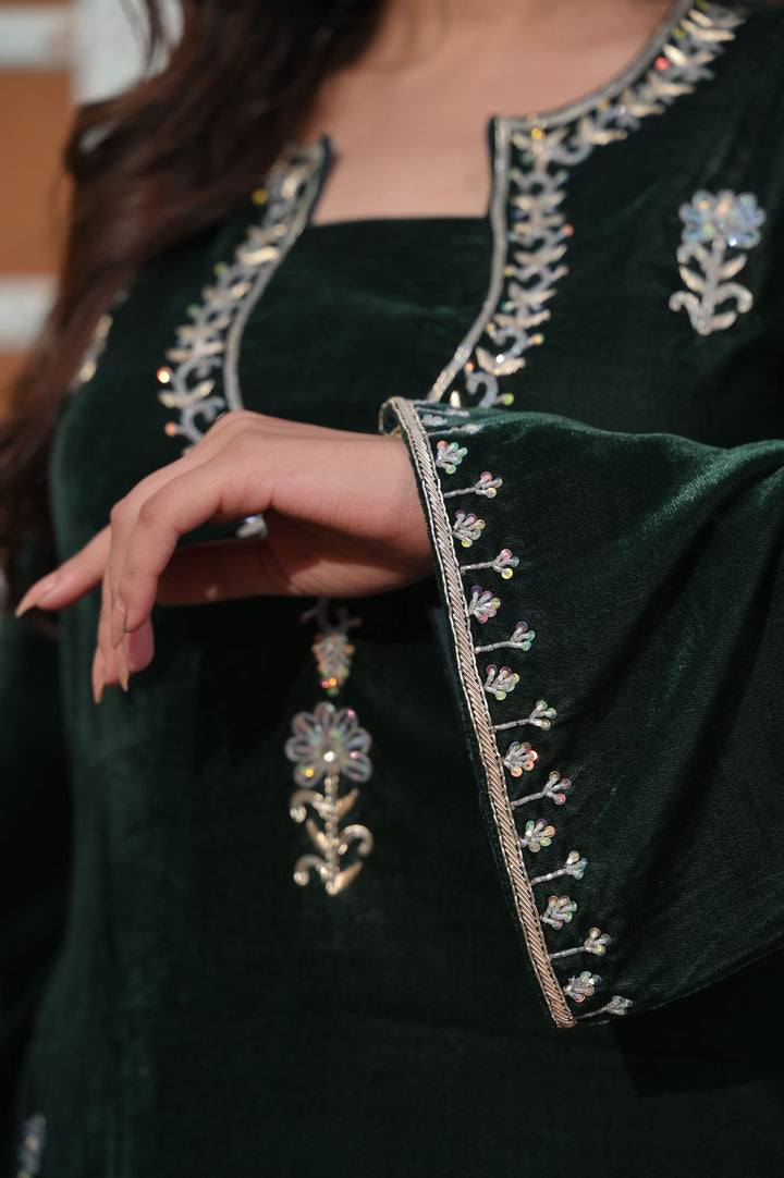 Chandramukhi Velvet Bottle Green Kurta and Organza Skirt Set 3 piece Set  | Made To Order