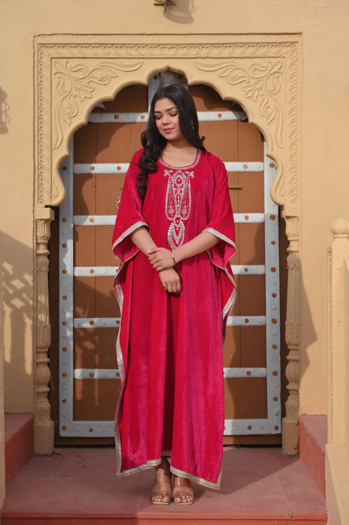 Mumtaz Velvet Kaftan in Rani  Pink with Handwork on Yoke | Made To Order