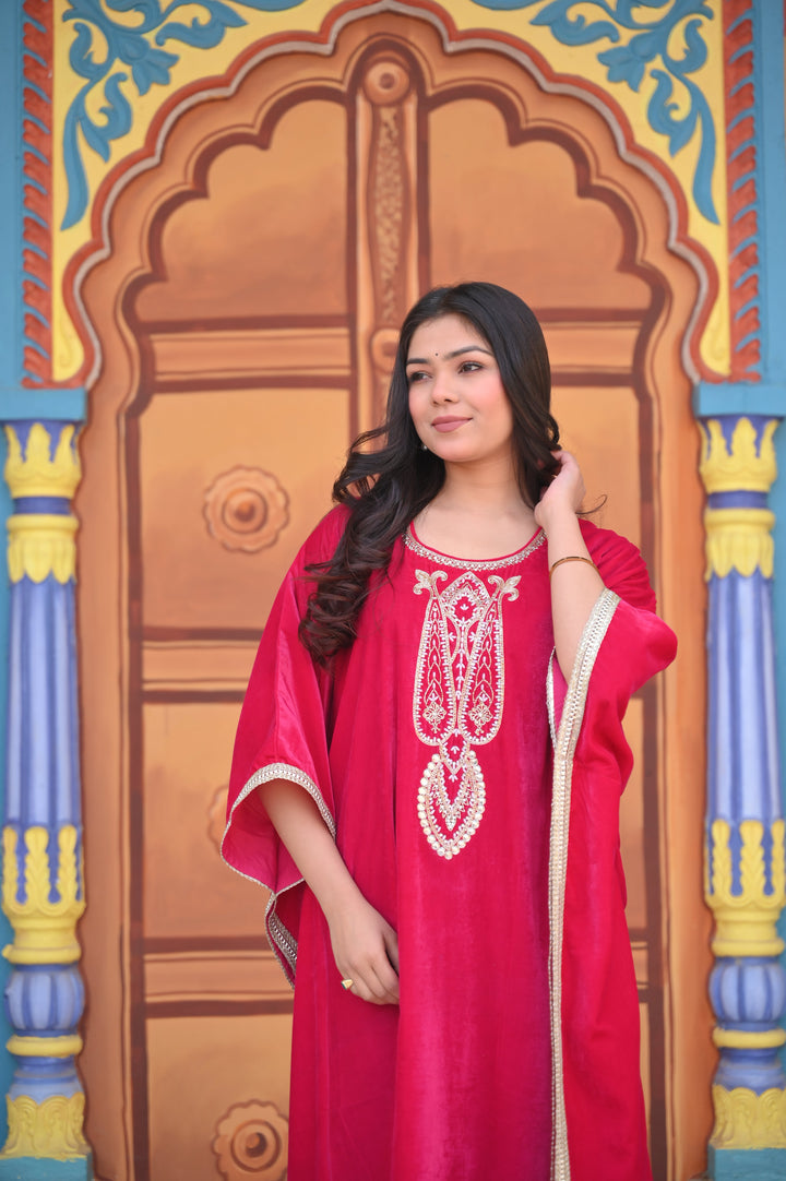 Mumtaz Velvet Kaftan in Rani  Pink with Handwork on Yoke | Made To Order