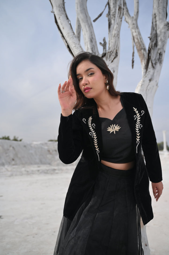 Saira Blouse, Blazer and  skirt set in Black | Made To Order