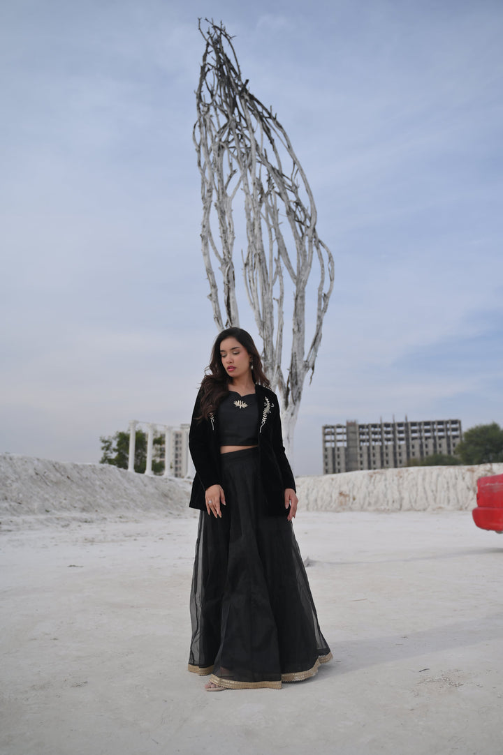 Saira Blouse, Blazer and  skirt set in Black | Made To Order