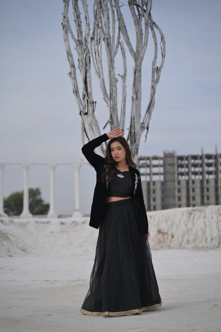 Saira Blouse, Blazer and  skirt set in Black | Made To Order