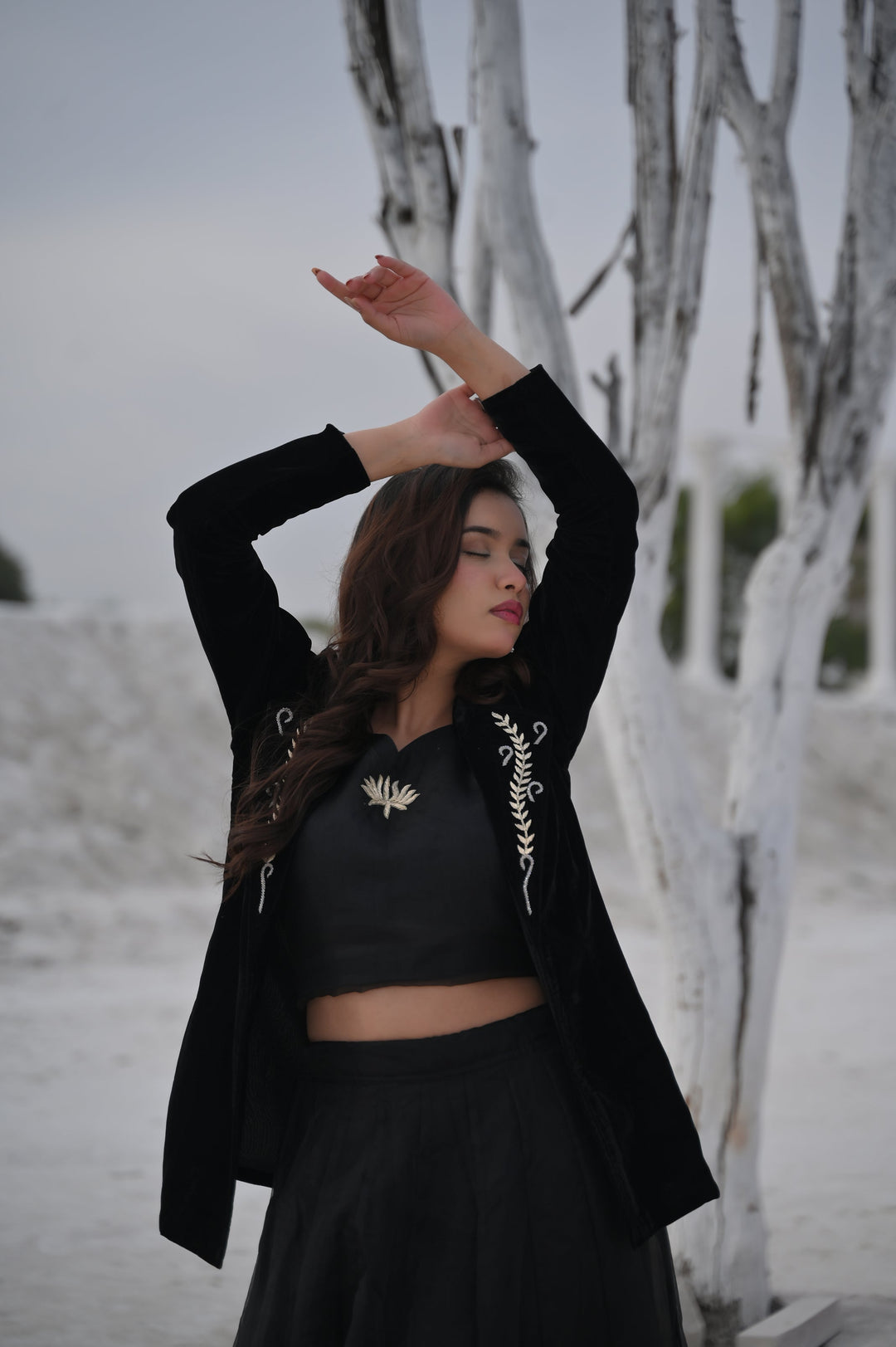 Saira Blouse, Blazer and  skirt set in Black | Made To Order
