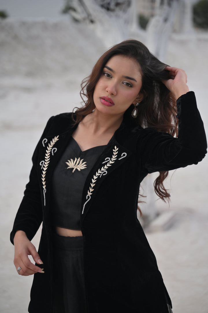 Saira Blouse, Blazer and  skirt set in Black | Made To Order