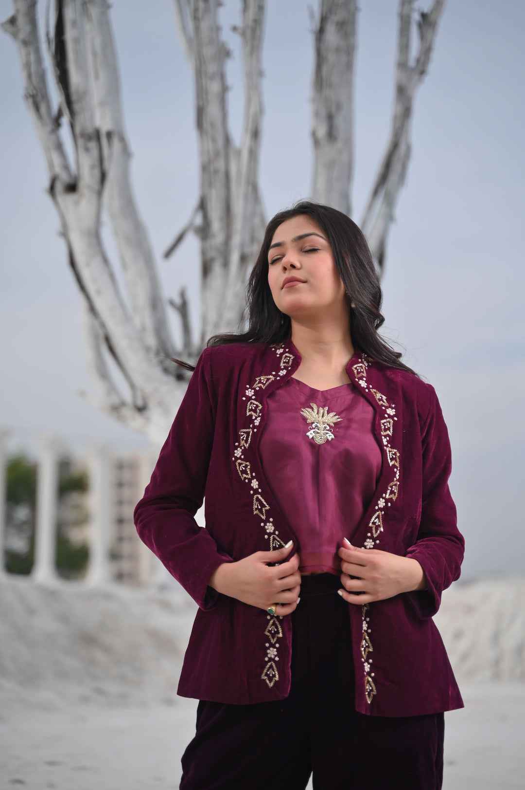 Unique Scarlet Velvet Blazer, Top & Pant 3 Piece Set in Wine | Made To Order. Perfect for Winter!