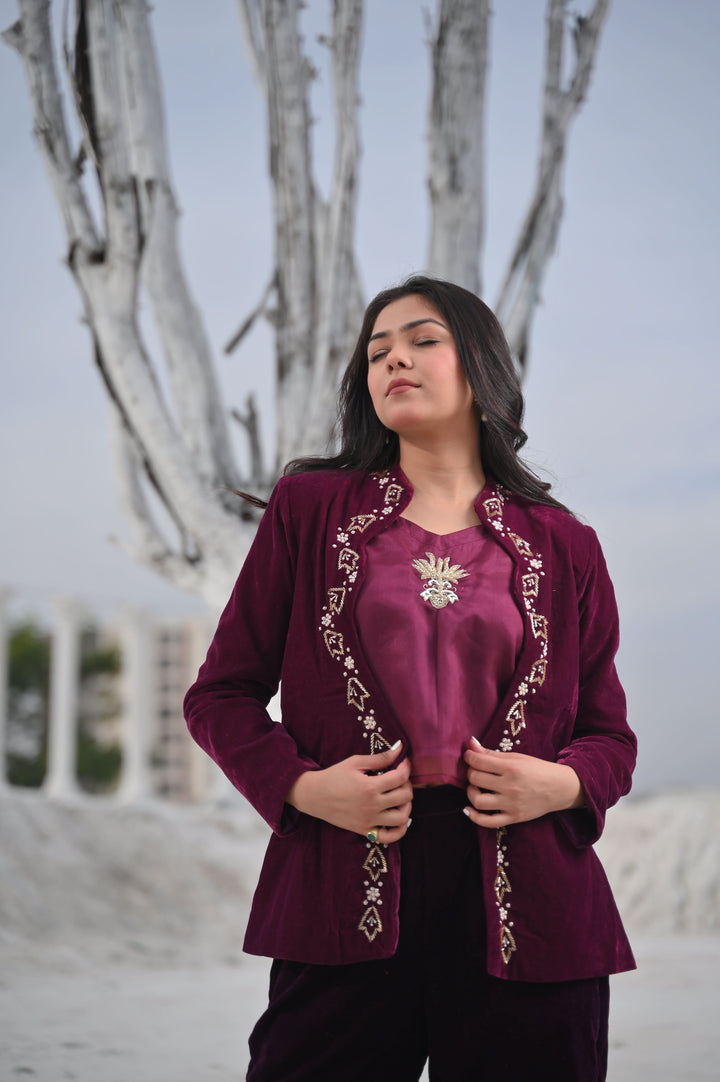 Unique Scarlet Velvet Blazer, Top & Pant 3 Piece Set in Wine | Made To Order. Perfect for Winter!