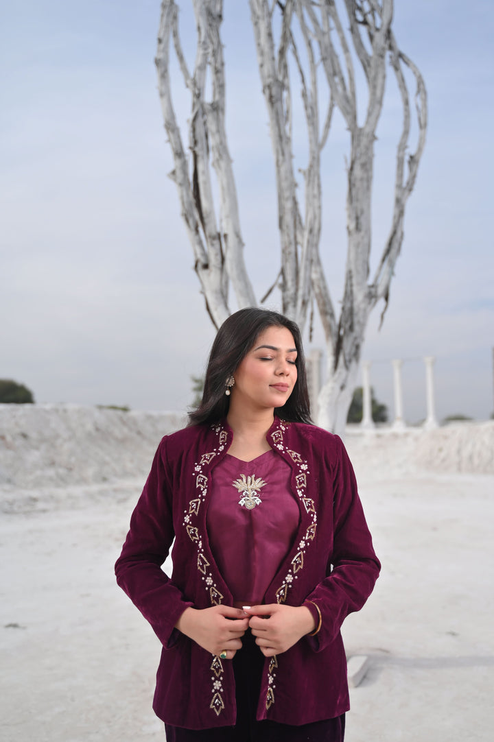 Unique Scarlet Velvet Blazer, Top & Pant 3 Piece Set in Wine | Made To Order. Perfect for Winter!