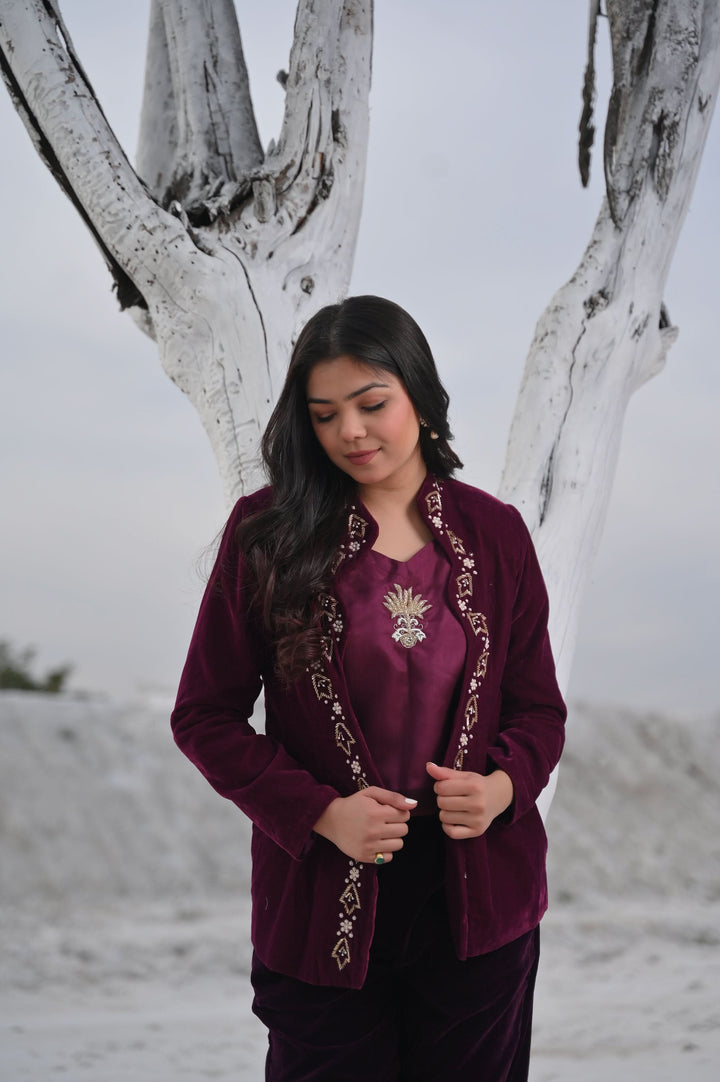 Unique Scarlet Velvet Blazer, Top & Pant 3 Piece Set in Wine | Made To Order. Perfect for Winter!