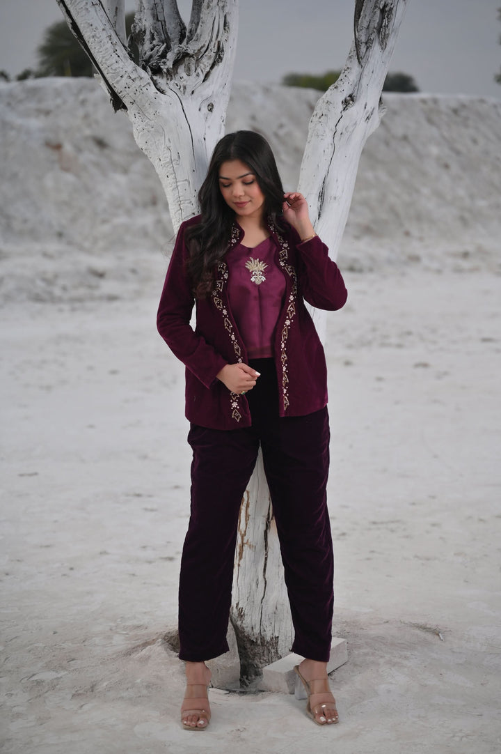 Unique Scarlet Velvet Blazer, Top & Pant 3 Piece Set in Wine | Made To Order. Perfect for Winter!