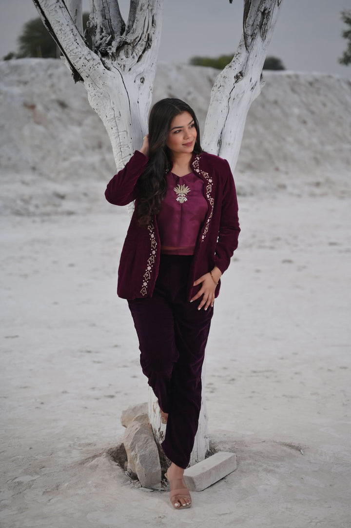 Unique Scarlet Velvet Blazer, Top & Pant 3 Piece Set in Wine | Made To Order. Perfect for Winter!