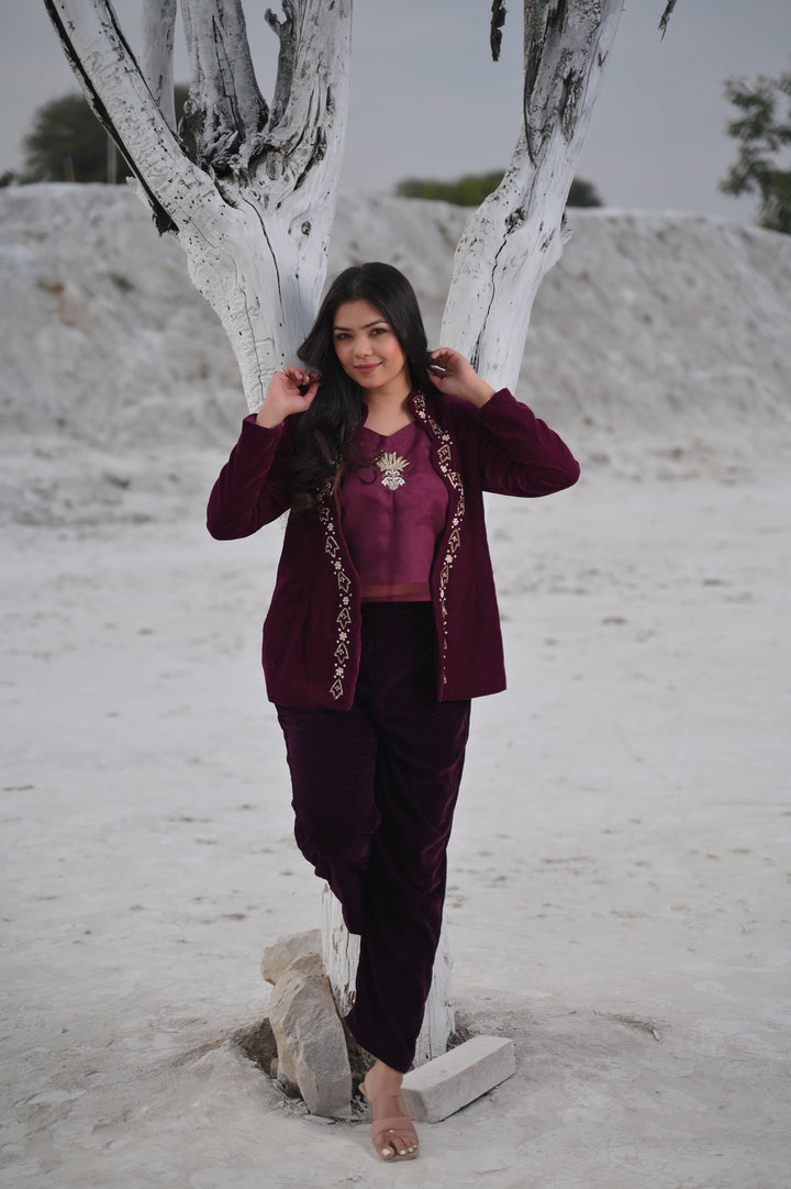 Unique Scarlet Velvet Blazer, Top & Pant 3 Piece Set in Wine | Made To Order. Perfect for Winter!