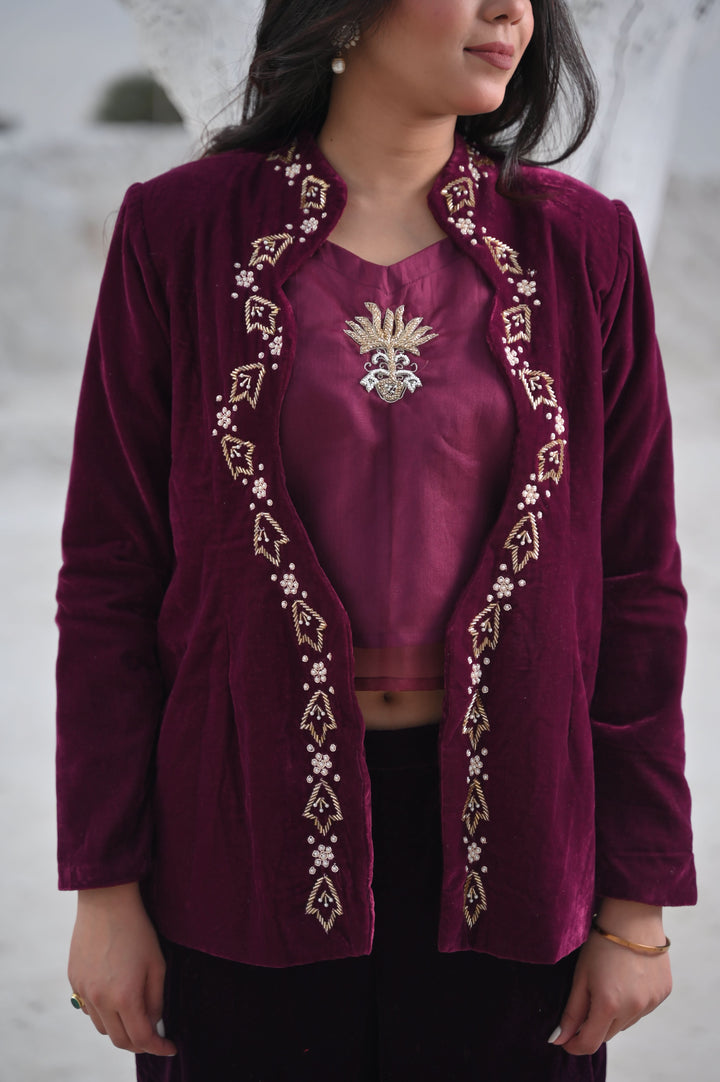 Unique Scarlet Velvet Blazer, Top & Pant 3 Piece Set in Wine | Made To Order. Perfect for Winter!