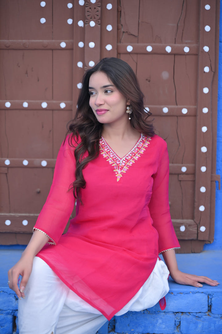 Alia Organza Rani Kurta Set in Rani pink with White Muslin Dhoti Pants | Made To Order
