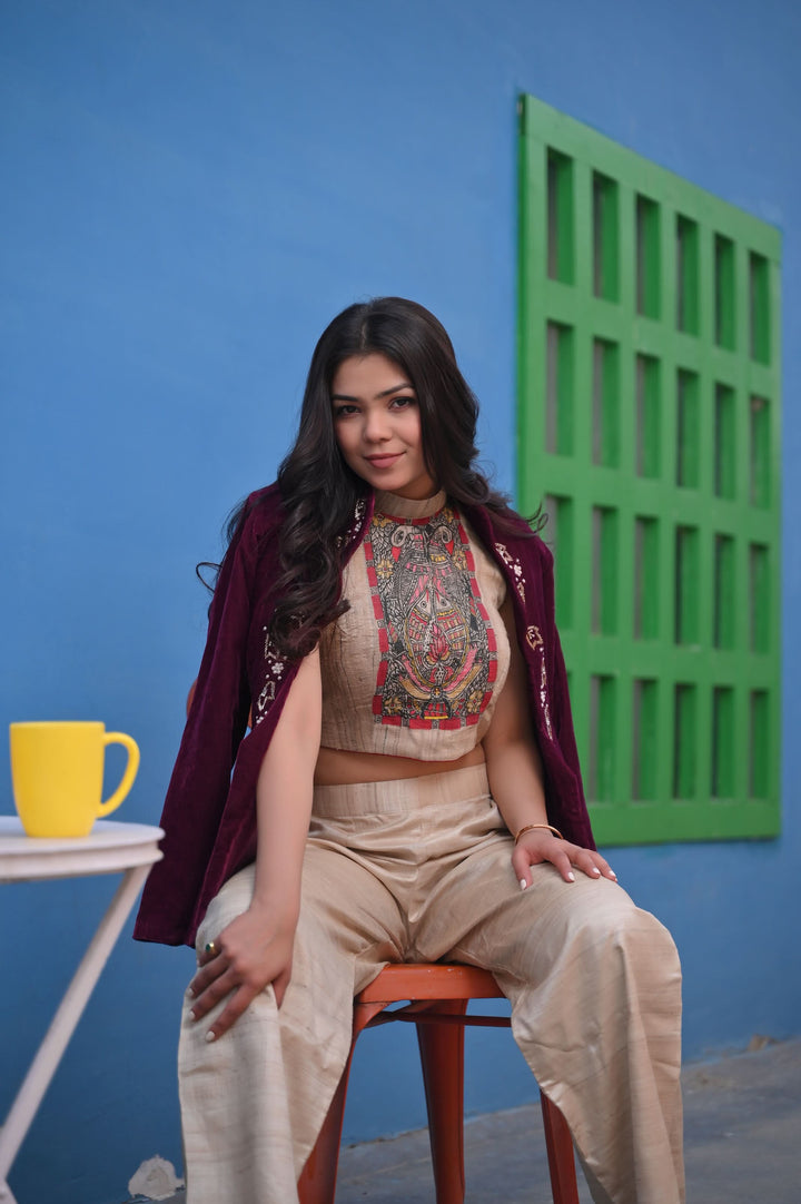 Exquisite Madhubani Handpainted Crop Top in Pure Natural Tussar