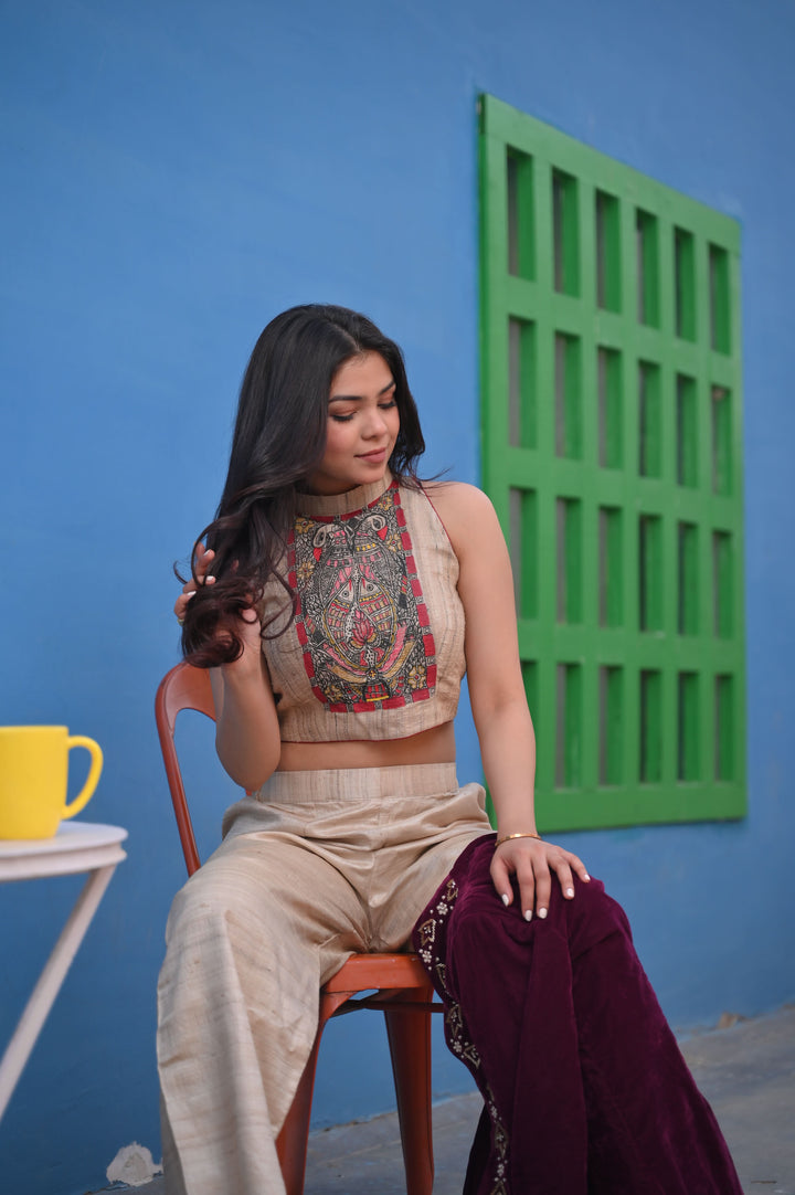 Exquisite Madhubani Handpainted Crop Top in Pure Natural Tussar
