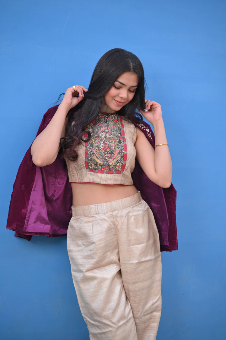 Exquisite Madhubani Handpainted Crop Top in Pure Natural Tussar