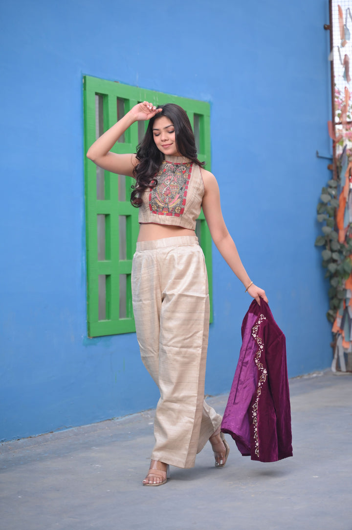 Exquisite Madhubani Handpainted Crop Top in Pure Natural Tussar