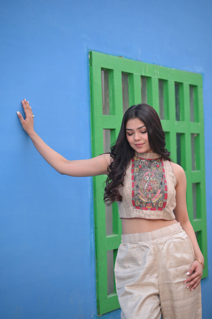 Exquisite Madhubani Handpainted Crop Top in Pure Natural Tussar
