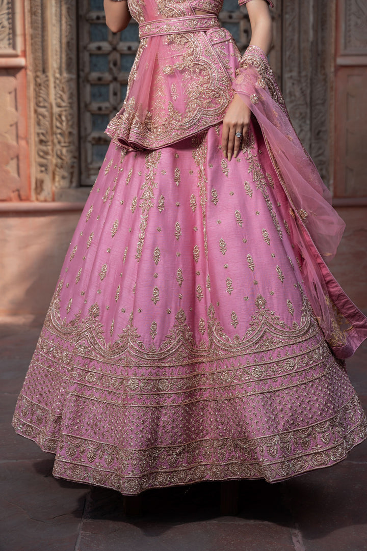 Exclusive Palatial Pink Zardozi Lehenga in Raw Silk,  Customizable, Made to Order | SHOBITAM
