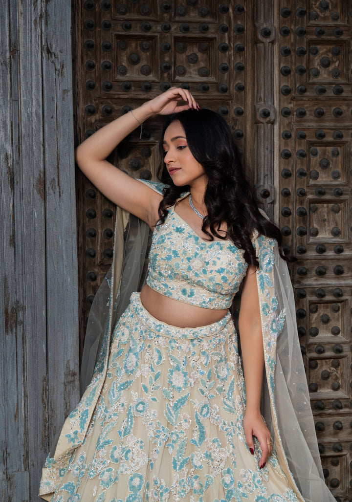 Exclusive Wisteria Lehenga with pearls and hand-embroidery in Net, Customizable, Made to Order