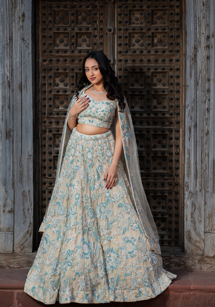 Exclusive Wisteria Lehenga with pearls and hand-embroidery in Net, Customizable, Made to Order