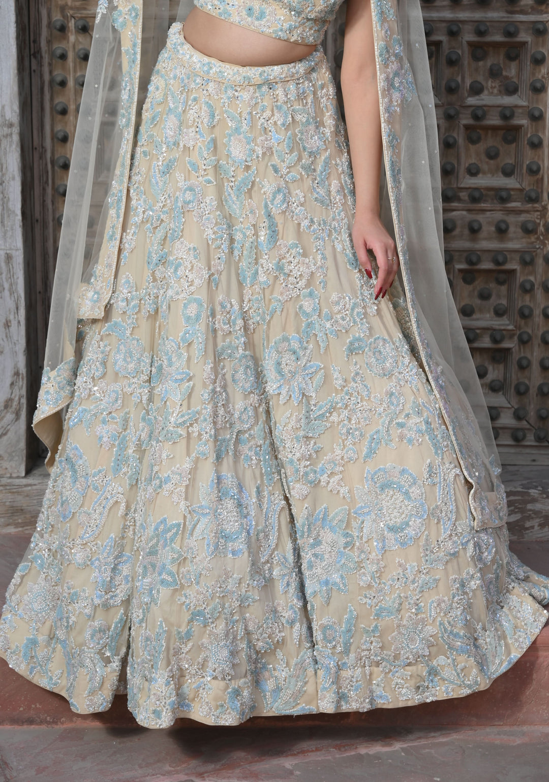 Exclusive Wisteria Lehenga with pearls and hand-embroidery in Net, Customizable, Made to Order
