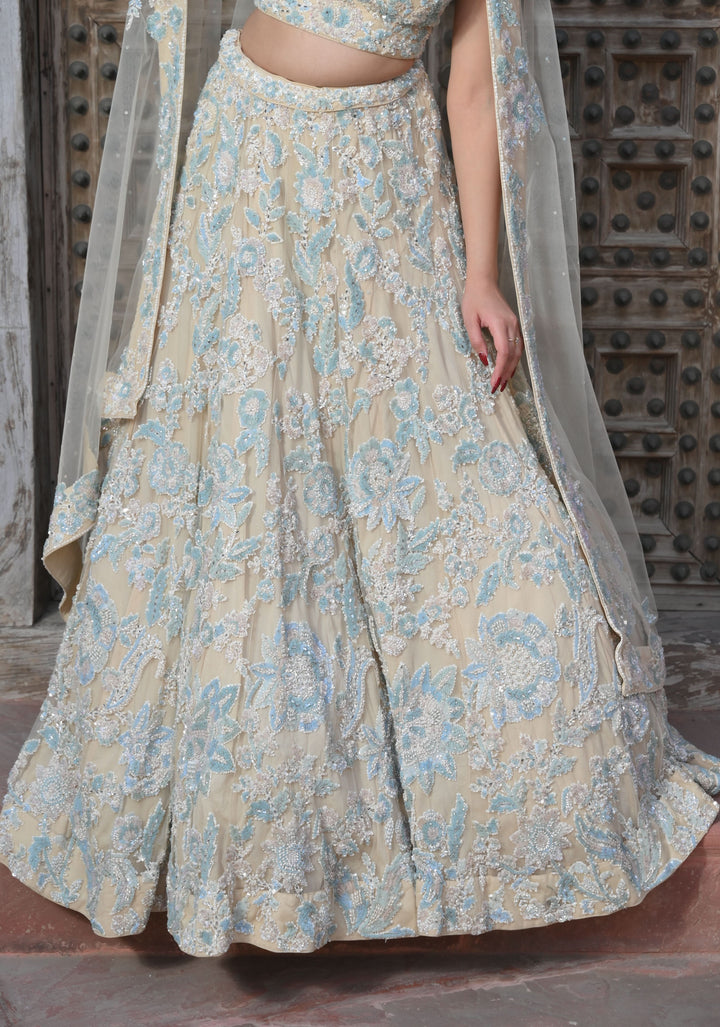 Exclusive Wisteria Lehenga with pearls and hand-embroidery in Net, Customizable, Made to Order