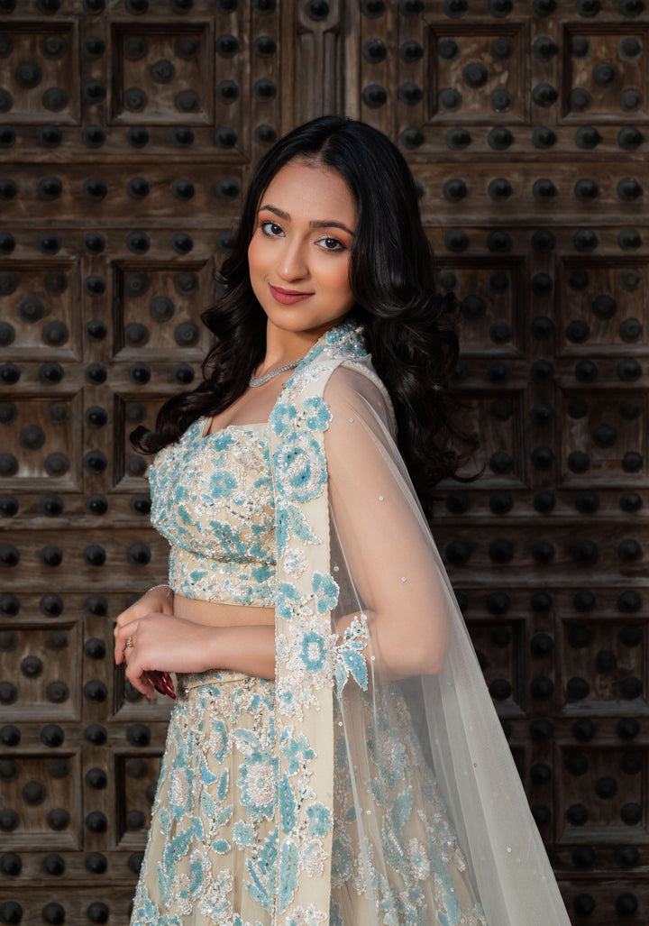 Exclusive Wisteria Lehenga with pearls and hand-embroidery in Net, Customizable, Made to Order