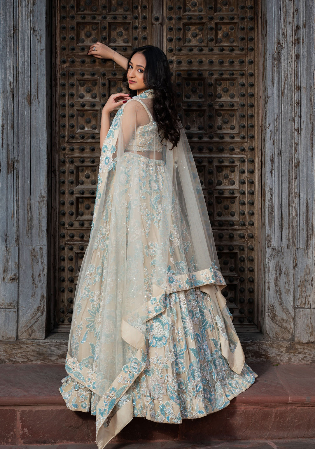 Exclusive Wisteria Lehenga with pearls and hand-embroidery in Net, Customizable, Made to Order